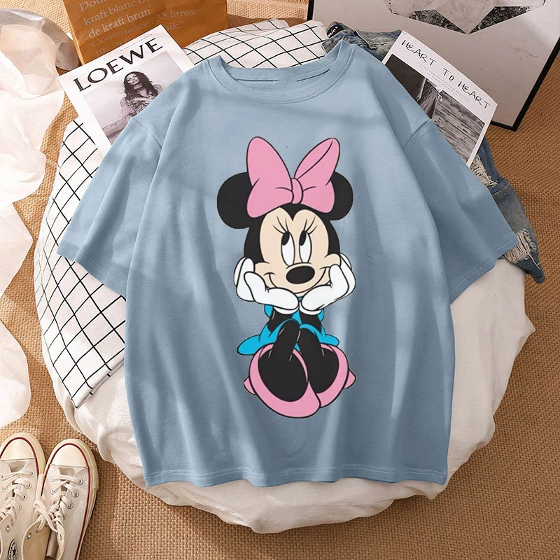 Woman Summer New 2022 Hot Cartoon Disney Mickey And Friends Minnie Mouse Leopard Bow Portrait T-Shirt Short Sleeve Teen Tops chrome hearts t shirt