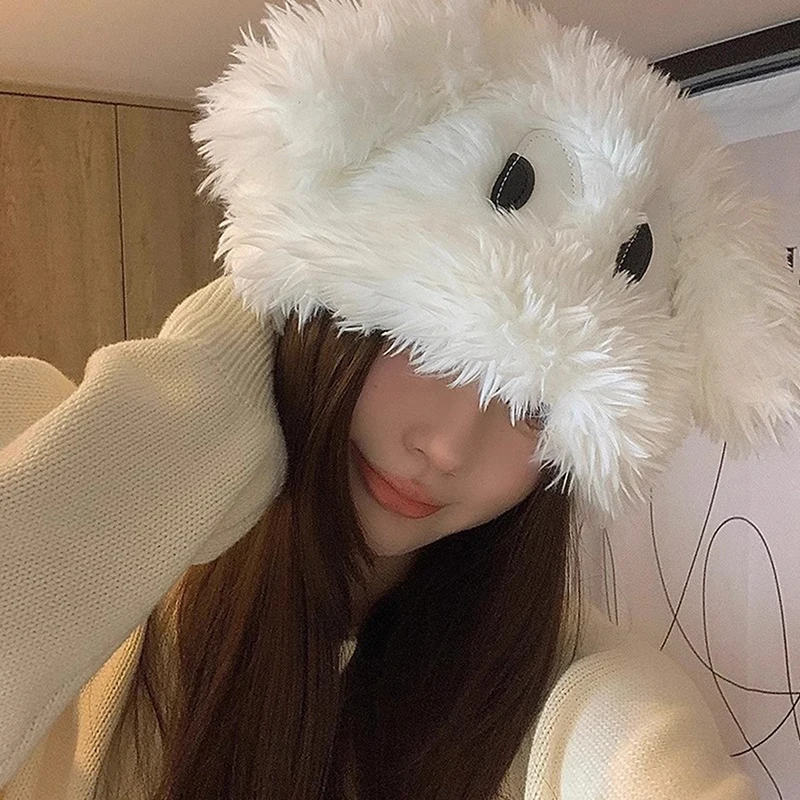 Cute Cartoon Big Eyes Funny Puppy Plush Pullover Hat Female Autumn Winter Warm Thick Long Ear Protective Hat 5