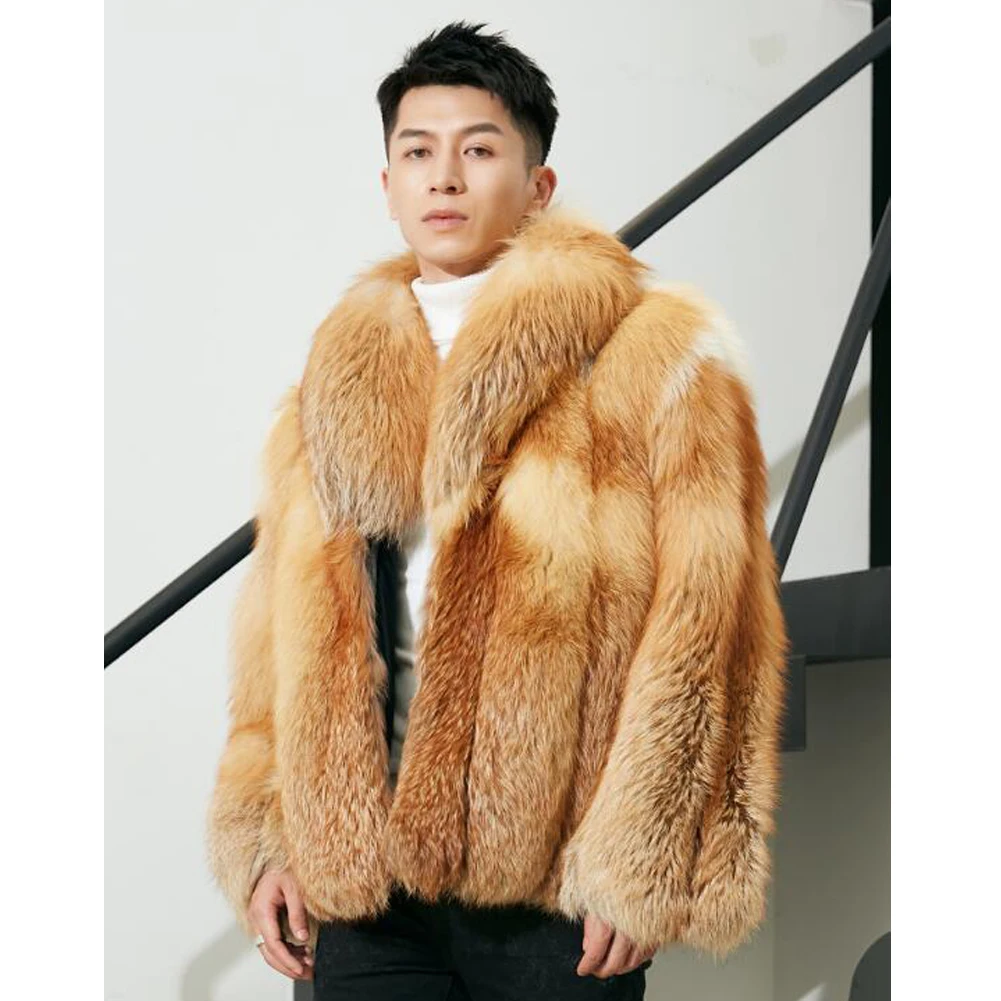 Denny&Dora Natural Fur Coats Men Luxury Fox Fur Coat Fashion Men Short Real Fox Fur Coat Imported Finnish Red Fox Fur