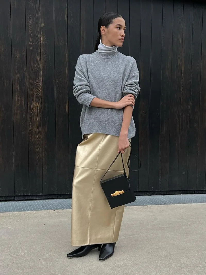 Slit PU Skirts For Women 2025 Spring New Slim Y2K Sheath Skirt Femme Street Solid Casual Fashion Elegant Skirts Womens