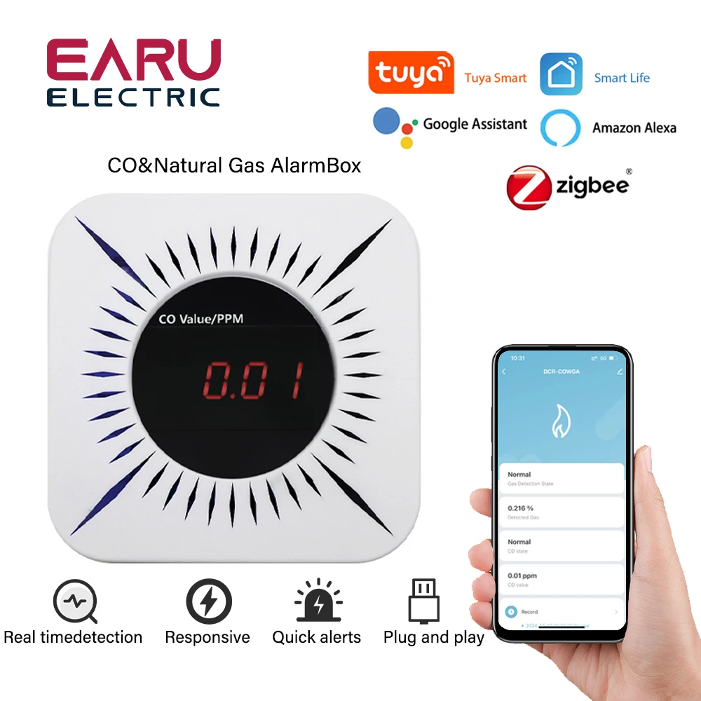 Tuya WiFi ZigBee 에어 박스 품질 CO 일산화탄소 감지기 테스터, 자동화 경보, 스마트 라이프 앱, 알렉사 구글 홈으로 작동