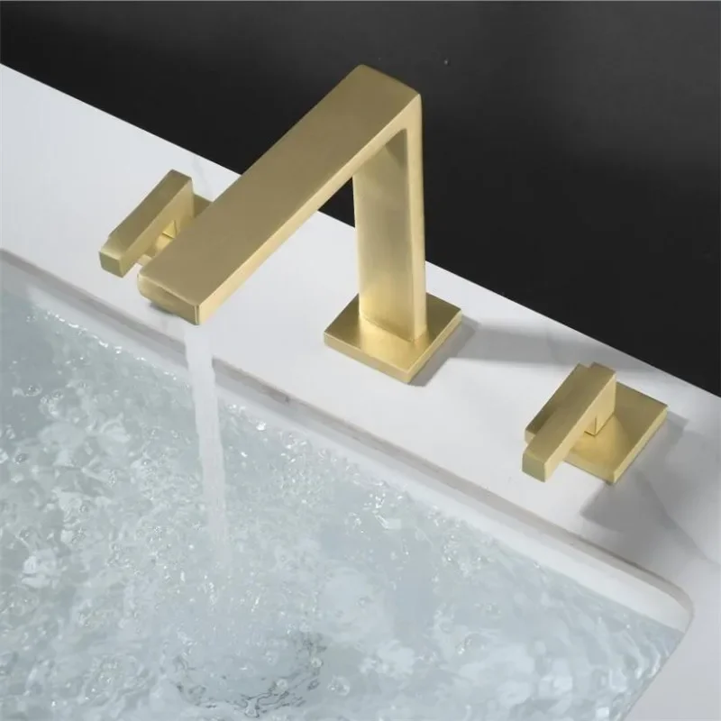 Description Picture 4 of itemBlack Basin Faucet Total Brass Brushed Gold Bathroom Antique Sink Faucets 3 Hole Hot And Cold Waterfall Faucet Water Tap