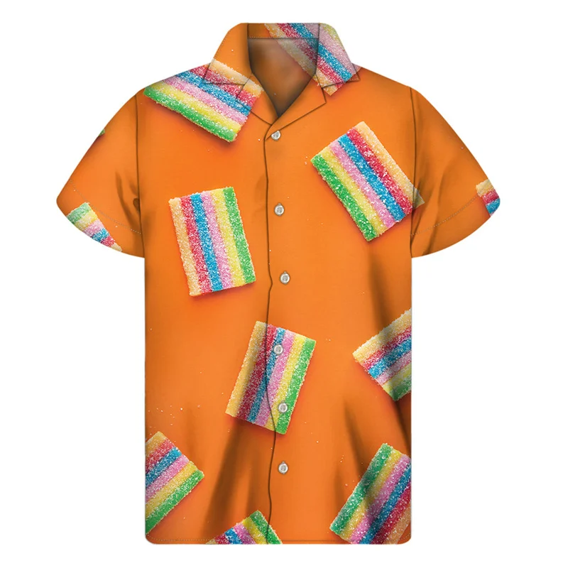thumbnail image 1 of Camisa hawaiana con estampado 3D de piruletas de caramelo de colores para hombre, camisas con solapa de dulce de azúcar, blusa de botones de calle de manga corta a la moda Harajuku, 1 of 5