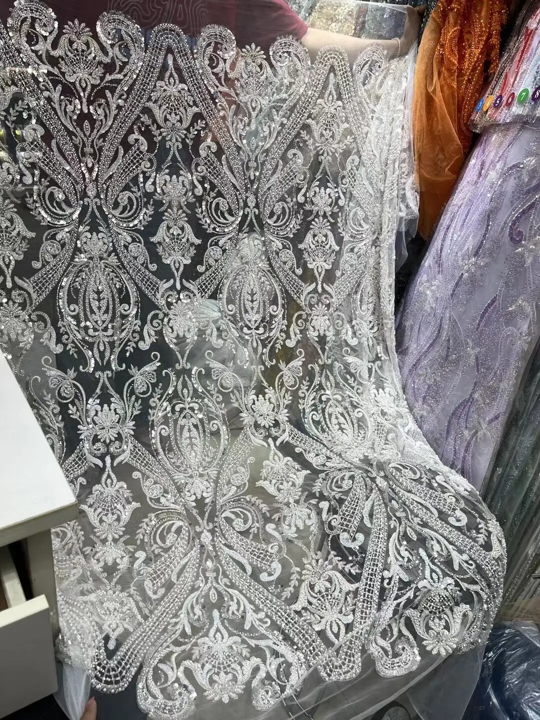 

African Embroidery ZH-1302357 Beaded Lace Fabric Nigerian Sequins Lace Fabric For Wedding Party
