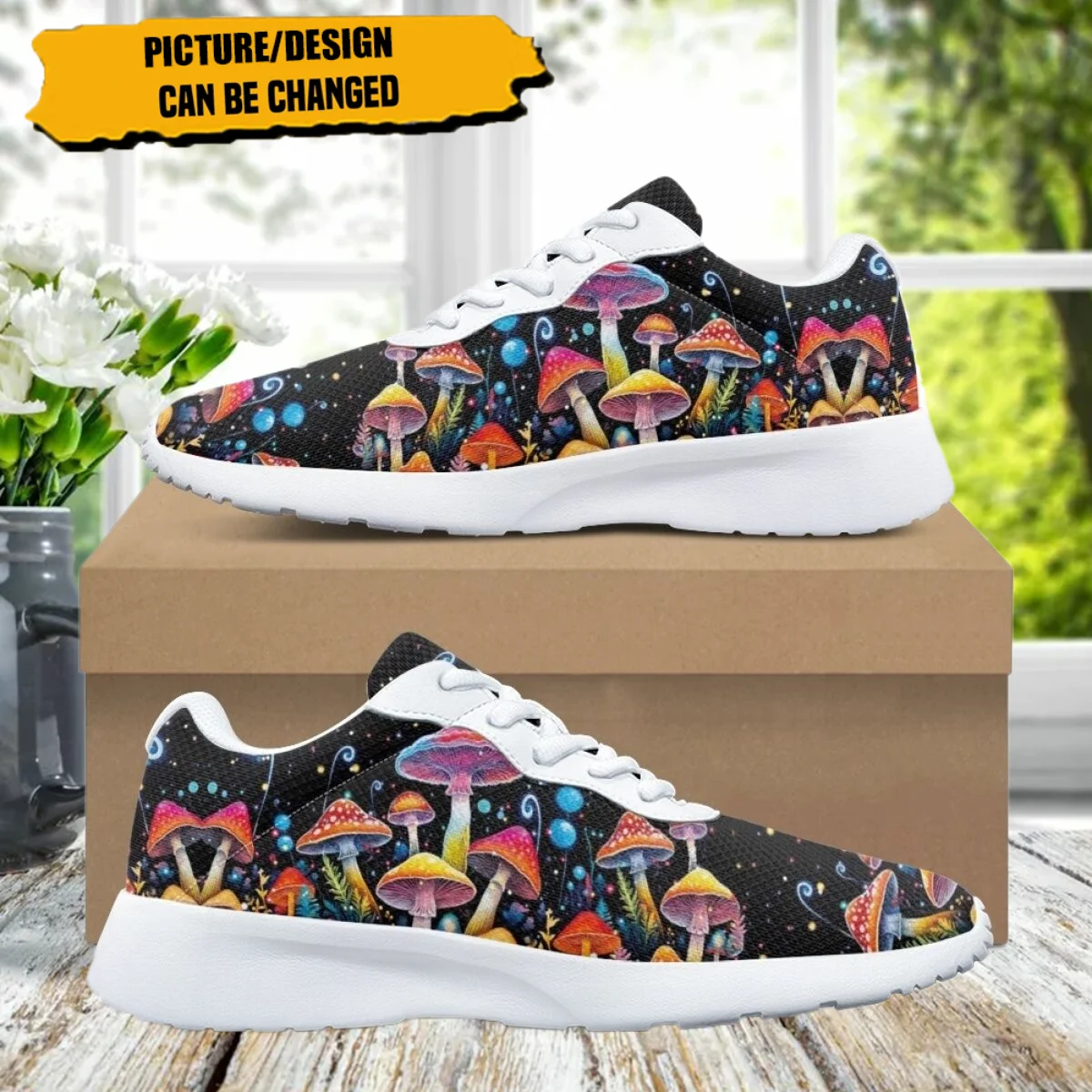 Autumn Flats Women Shoes Cartoon Color Mushroom Pattern Design Lace-up Cozy Sneakers Female Outdoor Sport Running Shoes Athletic