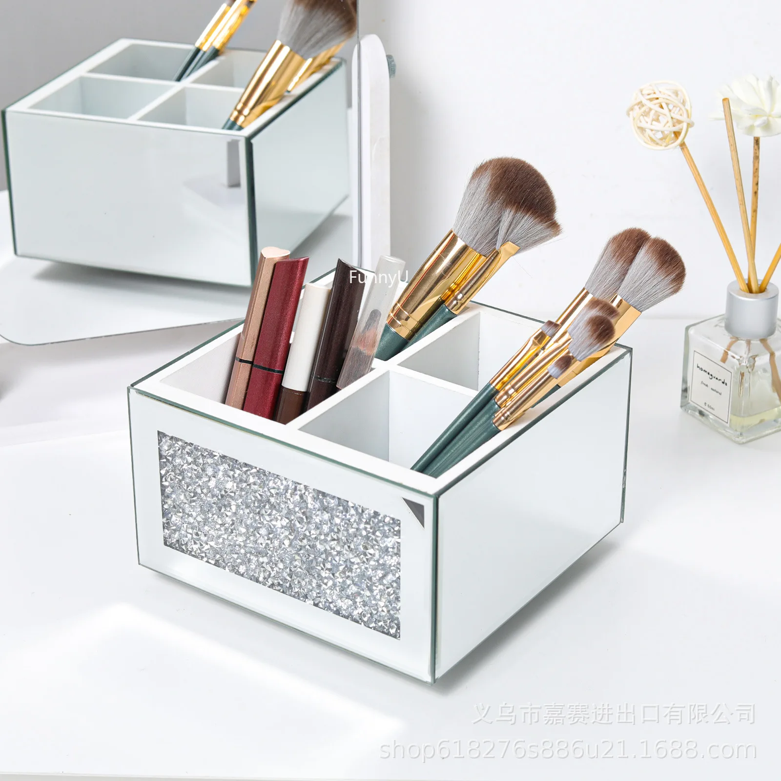 Crushed Diamond Makeup Brush Holder Organizer Glass Mirrored Remote Control Organiser Holder Container Accessories Desktop Decor 2