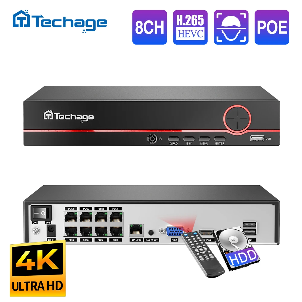 

Techage H.265 8CH POE NVR 4K 8MP 5MP 4MP 1080P Power over Ethernet IP NVR Two-way Audio Face/Human Detection Onvif Protocol P2P