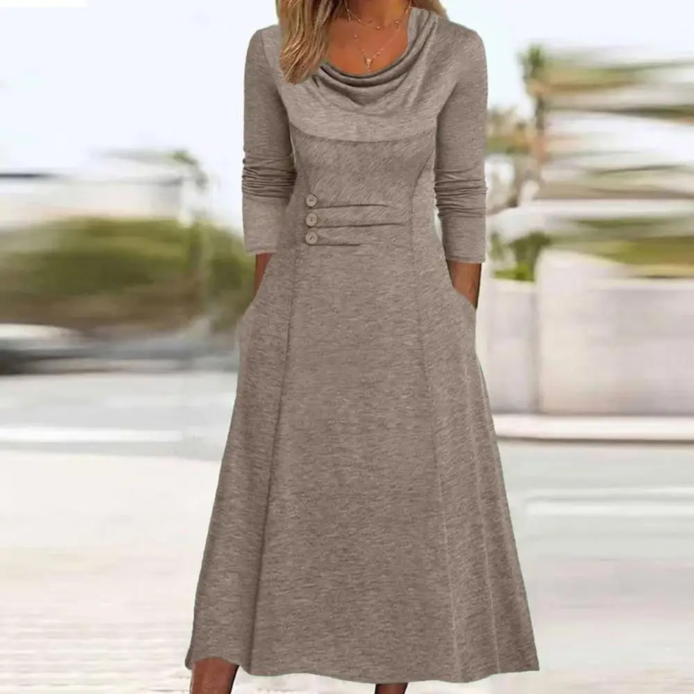 

Autumn Winter Women Long Dress with Pockets Round Neck Long Sleeves Pullover Dress Tight Waist Loose Hem Solid Color Dress Elega