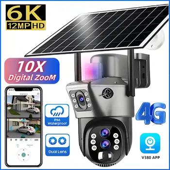10x Zoom 4G SIM Solar Camera Outdoor 6K 12MP Three Lens HD Night Vision IP Surveillance Camera Security Protection  PTZ CCTV Cam 1