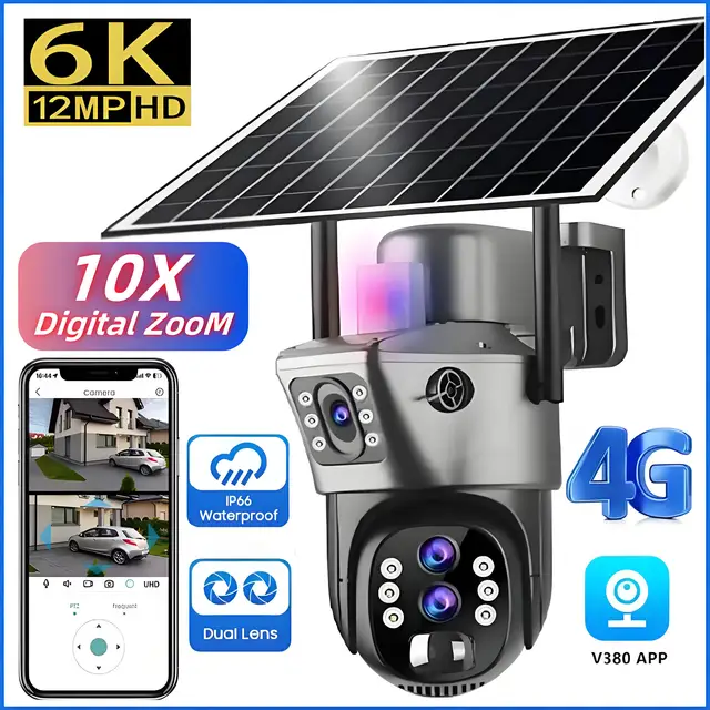 10x Zoom 4G SIM Solar Camera Outdoor 6K 12MP Three Lens HD Night Vision IP Surveillance Camera Security Protection  PTZ CCTV Cam 1