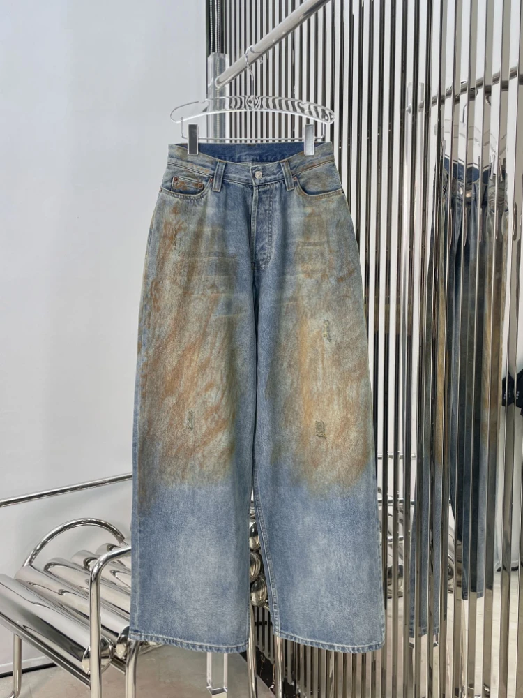 

174495 Fashion Classic Trendy Luxury Designer New Loose Fit Letter Logo Dirty Wide Leg Pants Jeans Woman A5