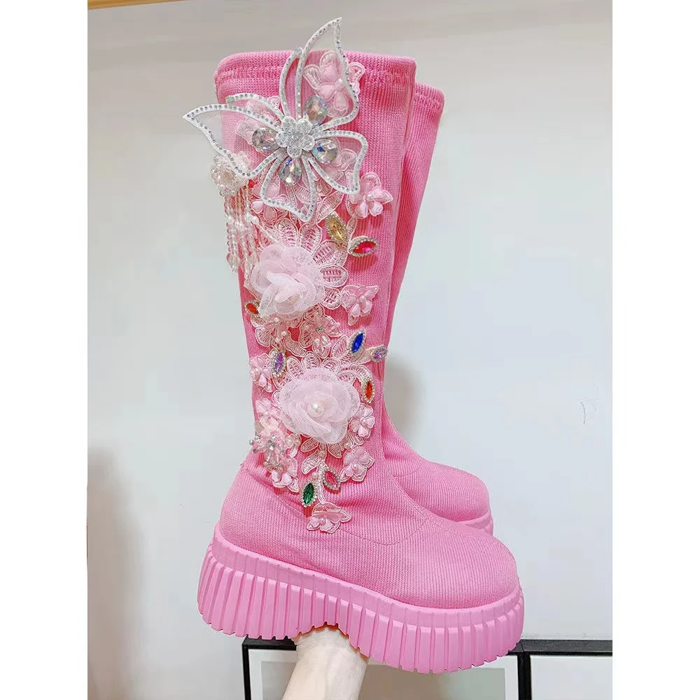 

Womens Rhinestones Crystal Butterfly Lace Flowers Knee Thigh Boots Platform Shoes Knitted Knits Stretchy Girls DIY X-mas Gift