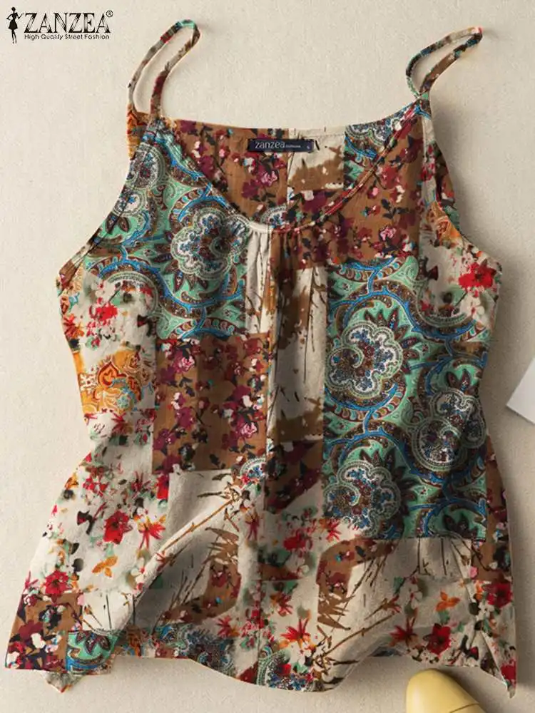 ZANZEA 2023 Summer Women Tanks Camis Cotton Sleeveless Printed Oversized Tops Baggy O-Neck Floral printed Blusas Tunic Tee 1