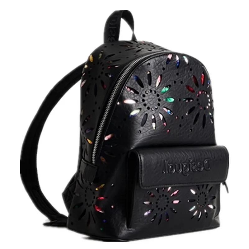 New Women's Black Fashion Hollow Floral Print Handheld Dual-Shoulder Backpack Stylish Trendy Ladies Bag for Various Occasions - 2