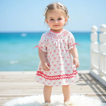 Toddler Girl Birthday Dress with Puff Sleeves and Embroidered Letters Smocked Summer Party Dress for Baby Girls 2