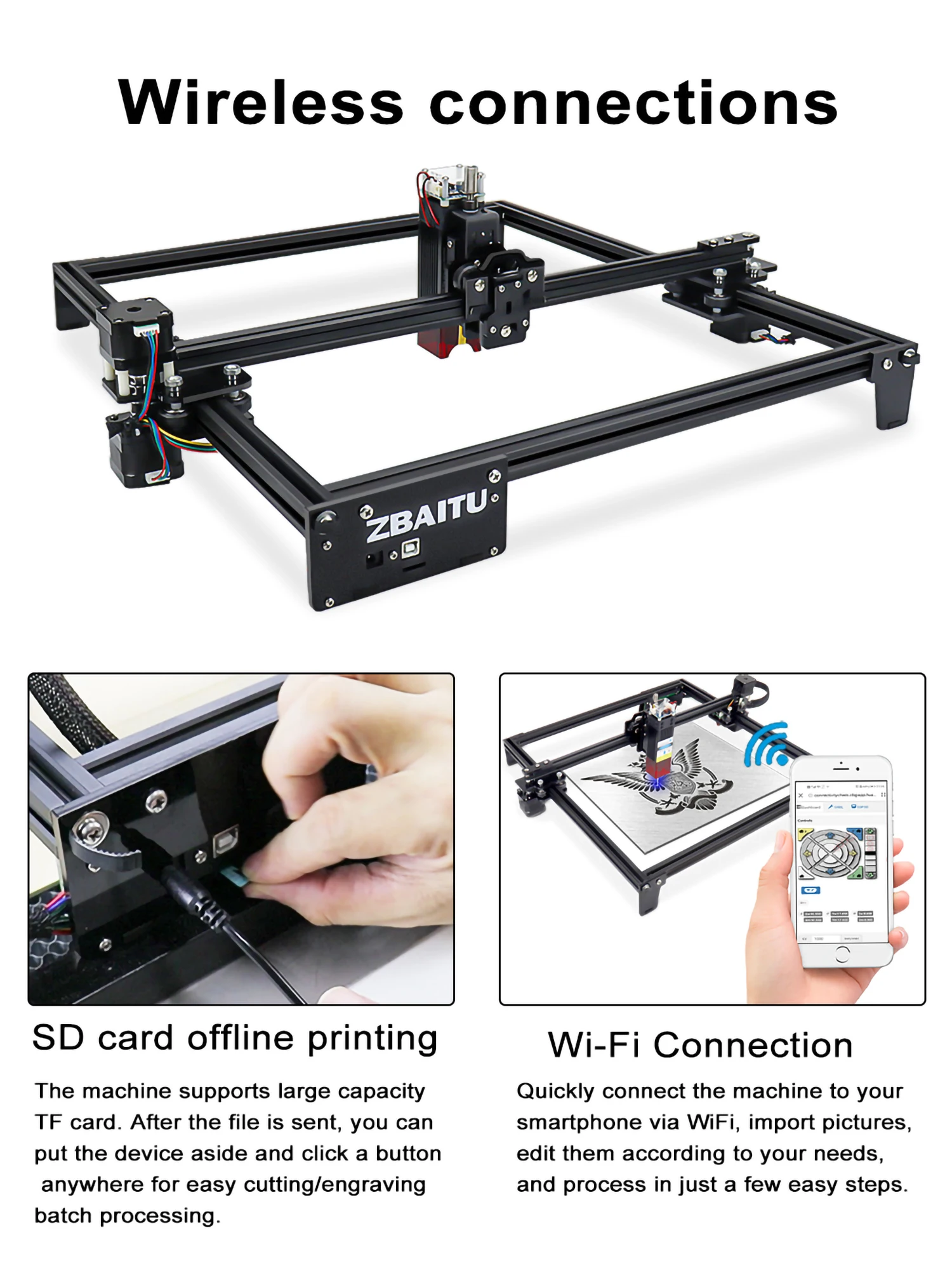 ZBAITU Laser 30/40/80W Engraving Cutting Machine -32 bit CNC Carving Cutter Laser Engraver Cut 10mm Wood FAC Offline mobile woodworking bench