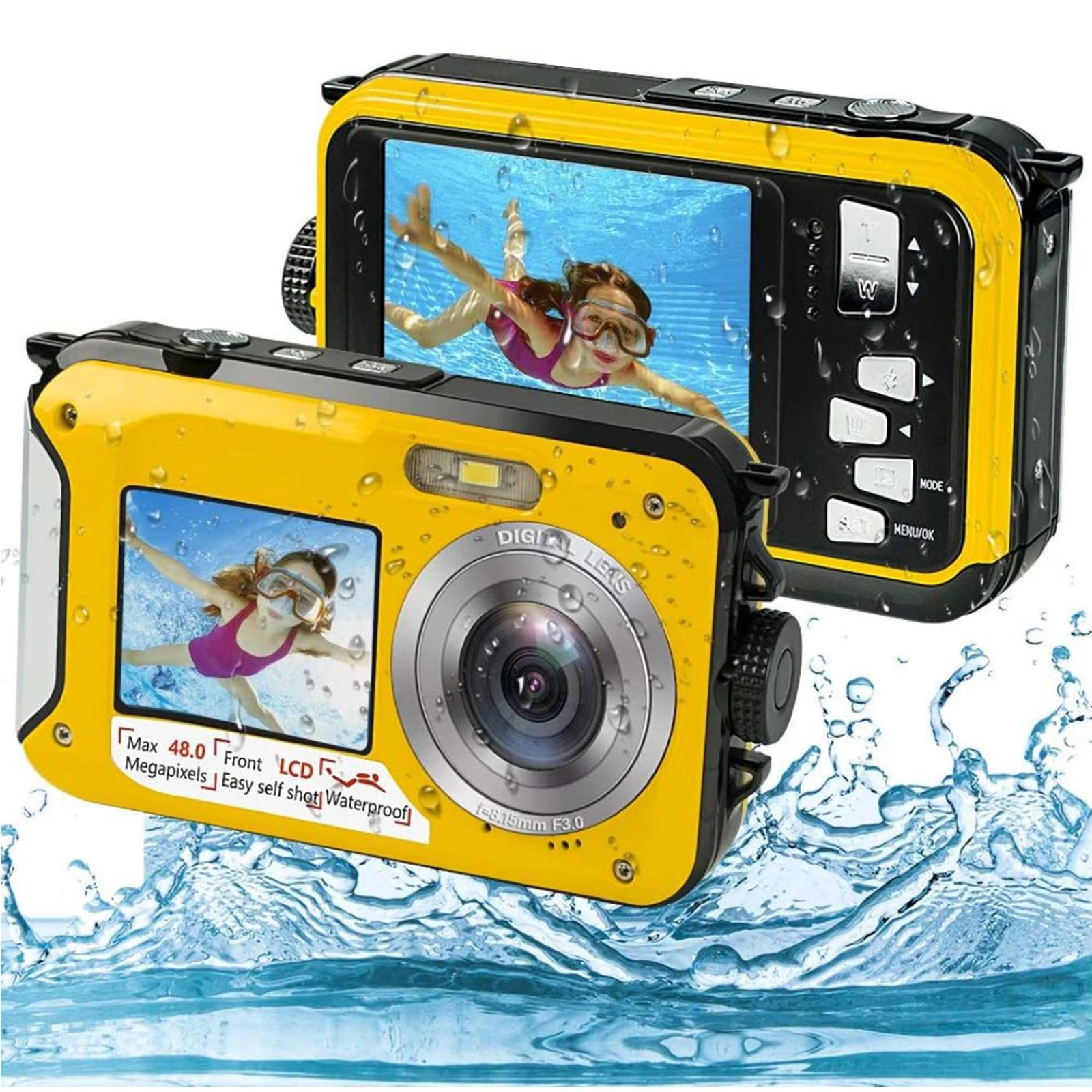 Waterproof Camera Underwater Cameras FHD 2.7K 48 MP Video Recorder Selfie Dual Screens 16X Digital Zoom Underwater Digital Camera for Snorkeling Camping Traveling Yellow 