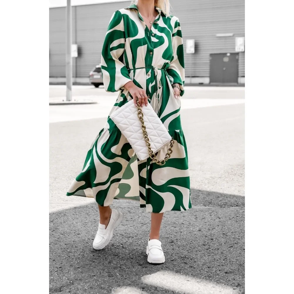

Casual Print Dresses for Women 2023 Garment Sleeves Lapel Long Dresses Autumn Fashion Single-breasted Lace Up Shirt Maxi Dress
