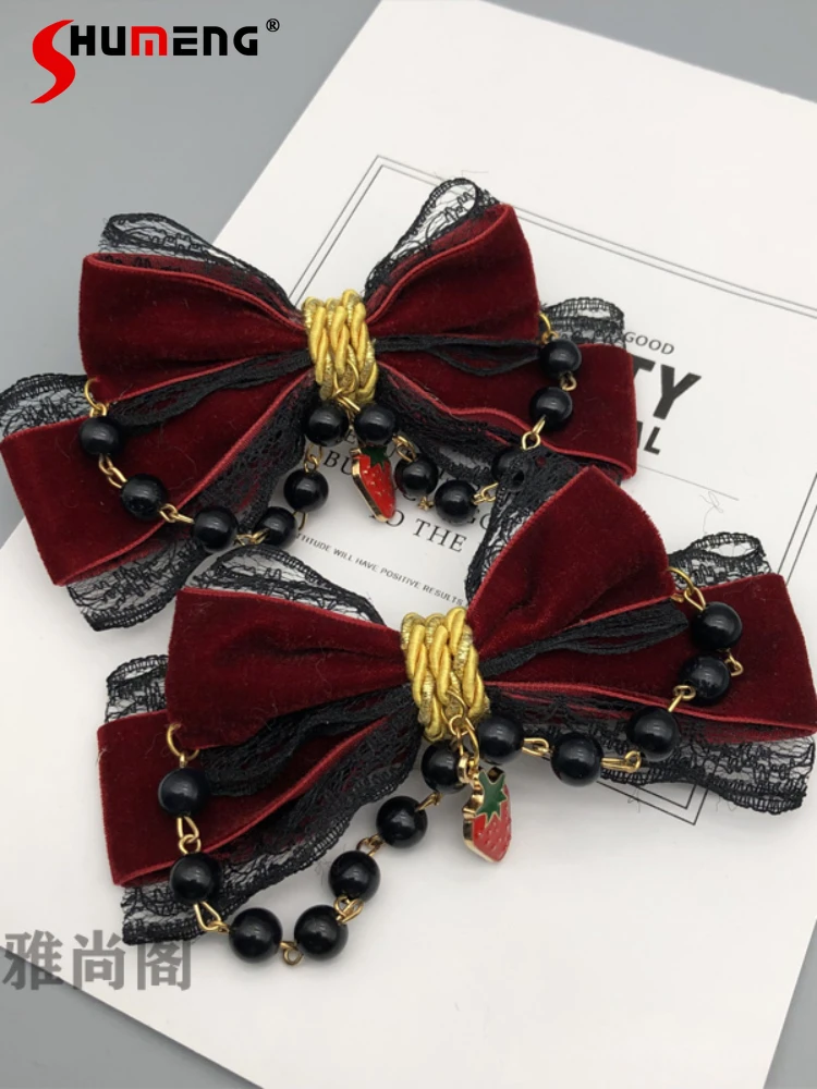 lolita-doppio-strato-pizzo-velluto-fascia-fiocco-copricapo-perla-6cm-clip-a-becco-d'anatra-coppia-di-fermagli-per-capelli-accessori-per-capelli-spilla-clip-per-scarpe