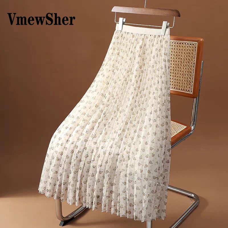 

VmewSher Pretty Print Mesh Mid-calf Length Skirt Women Spring Summer New High Waist Floral A-line Pleated Net Yarn Trend Retro