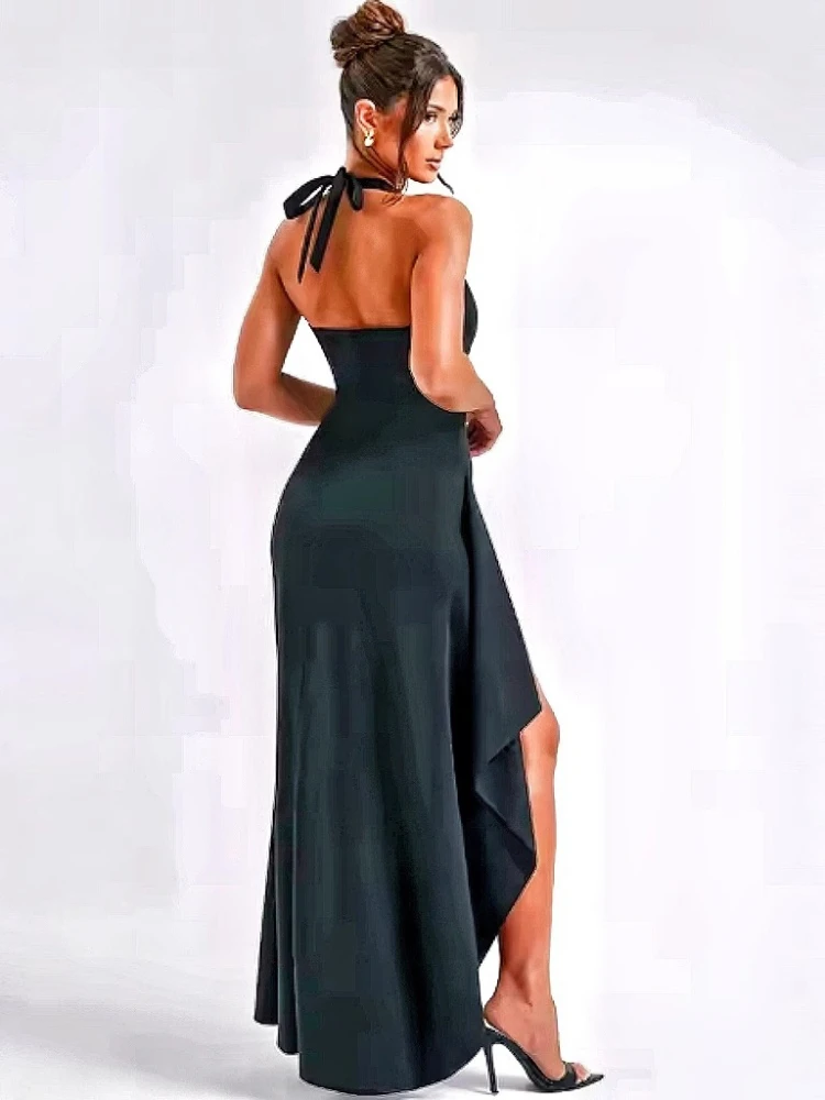 Spring and Summer New Women's Deep V Neck Lace-up Dress Fashionable Sexy Backless Split Solid Color Dress Evening Dress