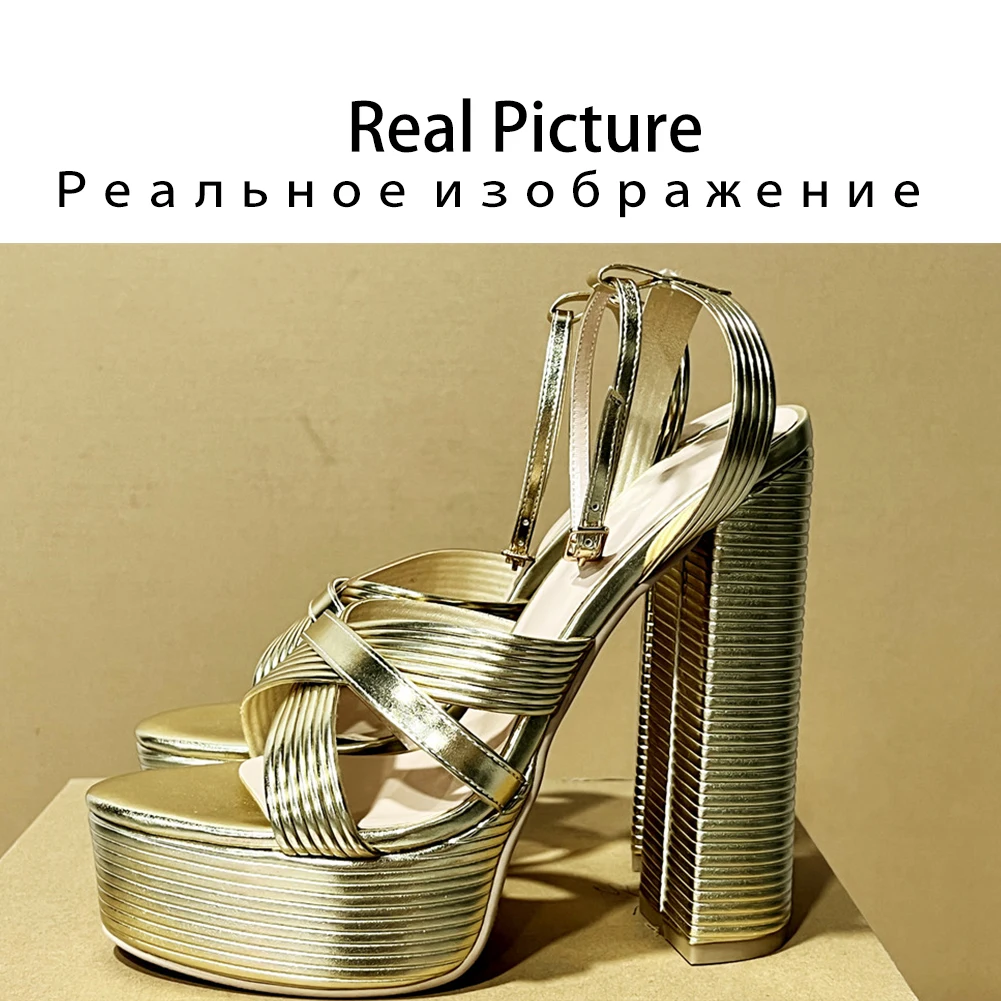 Brand Luxury Open Toe Gold Women's Sandals 2022 Peep Toe Buckle Chunky High Heels Summer Party Dress Design Shoes For Women