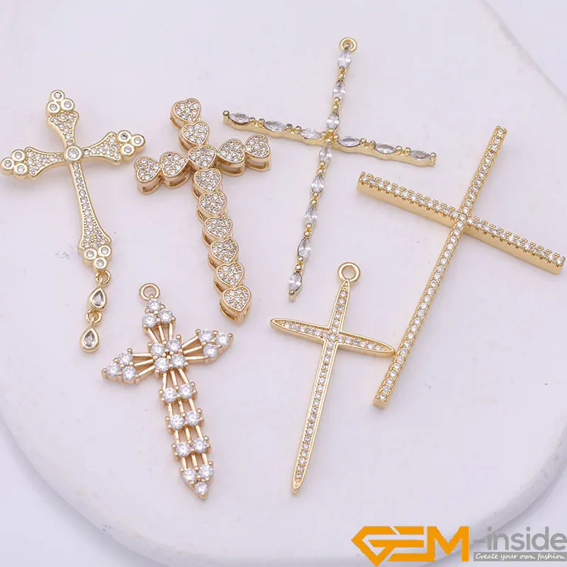 

6Pcs 1.5 Inch Hypoallergenic 14K Yellow Gold Filled Bling CZ Cross Charms Pendant Beads For Jewelry Bracelet Making Finding Gift
