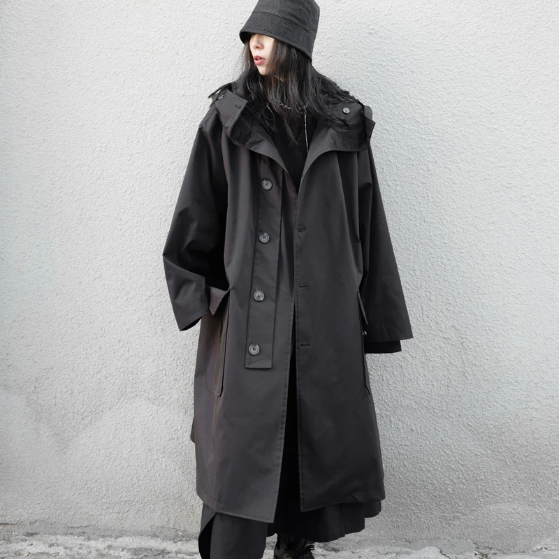 

Spring Autumn Long Oversized Black Trench Coat with Hood Dark Academia Aesthetic Luxury Designer Clothes for Women 2022