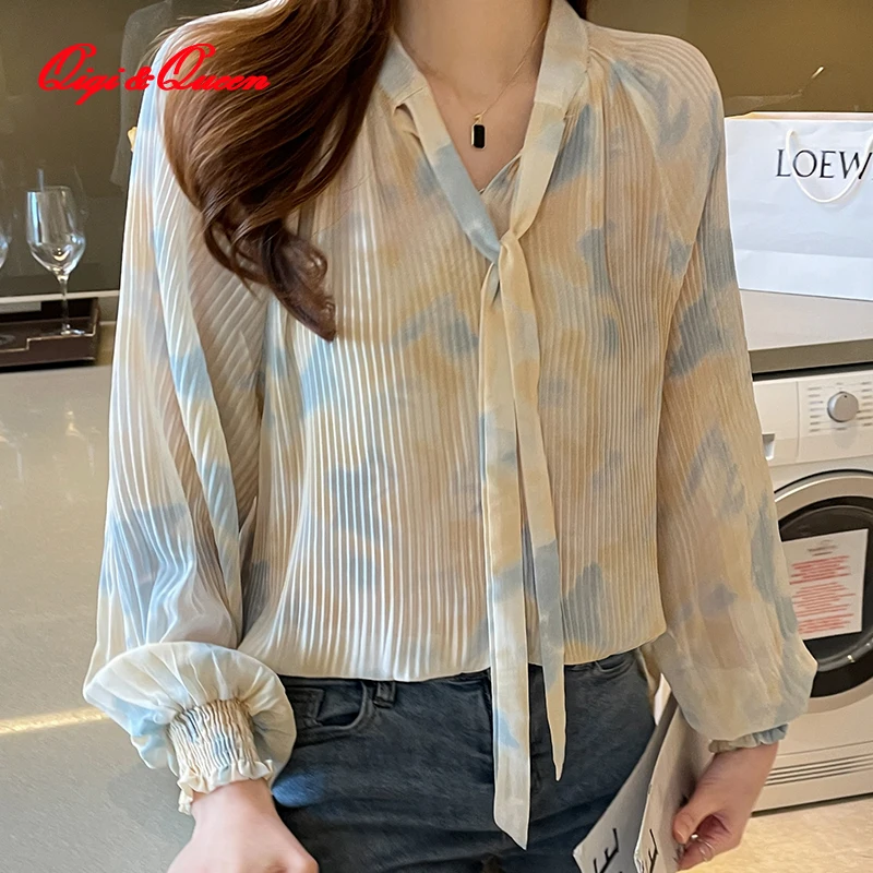 Qiqi&queen Tie-dye Long-sleeved Chiffon Shirt Women 2023 Spring New Bow Tie Lantern Sleeve Shirt Women Blusas Mujer - Women Blouse - AliExpress