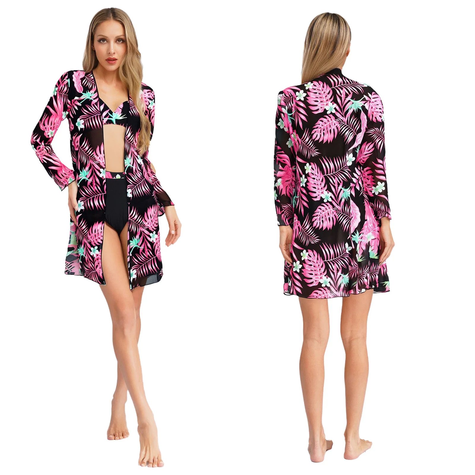 Women Bikini Set Swimsuit Underwired Padded Bra with Brief Chiffon Cover-up Tropical Print Swimwear for Beach Pool Sun Bathing