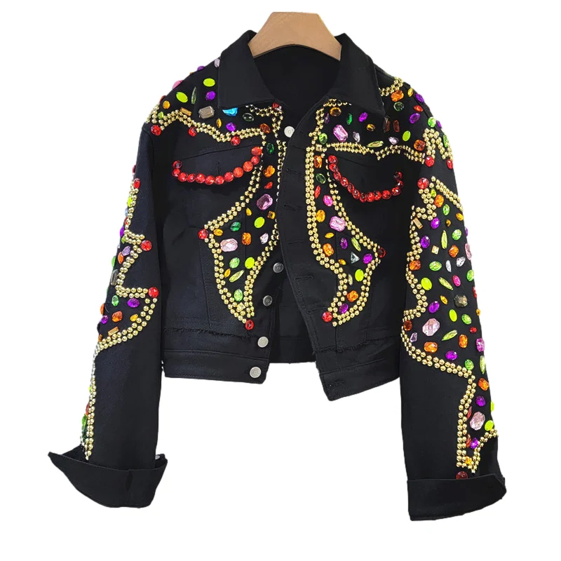 

Streetwear Multicolor Beading Diamonds Denim Jacket Women Autumn Korean Cowboy Outerwear Black White Short Jeans Jacket Female