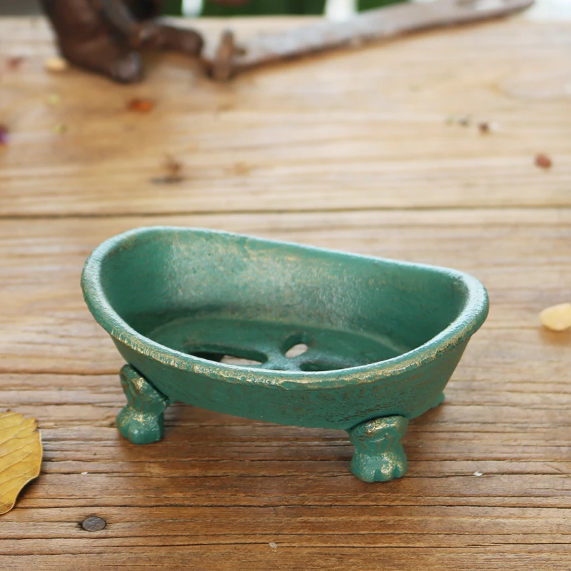 Cast Iron Soap Dish Footed Boat Gold Green Handmade Home Garden Decor Heavy Metal Storage Tray Antique Bathroom Accessories 3