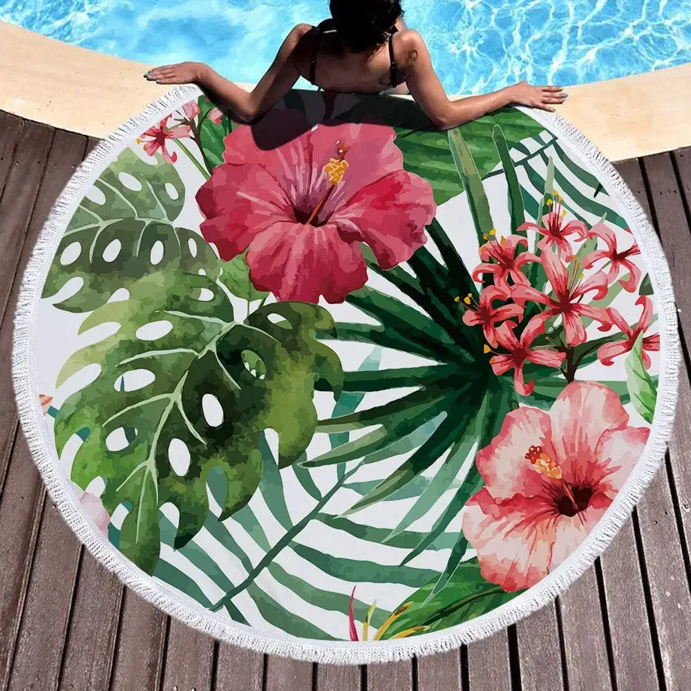 Round Beach Towel Oversized Blanket Palm Leaf Tropical Style Flamingo Print Microfiber Large Round Towel Picnic Absorbent Towel 6