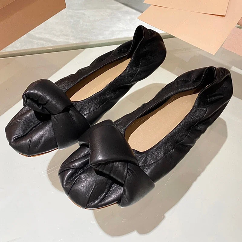 

High Quality Women Ballet Flats Shoes Genuine Leather Comfort Slip On Casual Flats Big Bow-knot Ladies Walking Shoes Sweet White