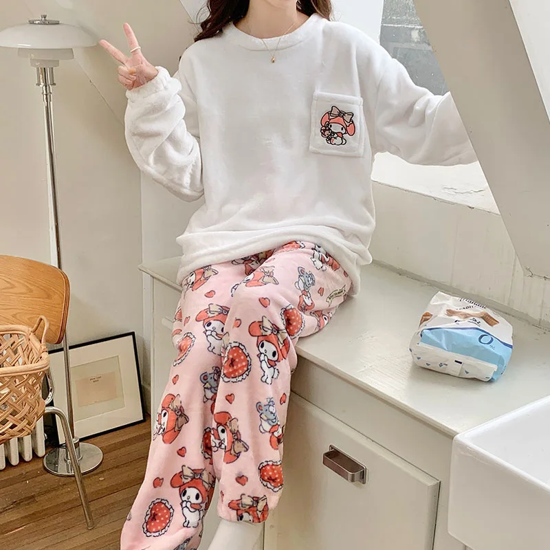 Cute Sanrios My Melody Kawaii Girl Cartoon Pajamas Anime Plush Homewear Nightwear 2-Piece Set Autumn Winter Loose Sleepwear Suit