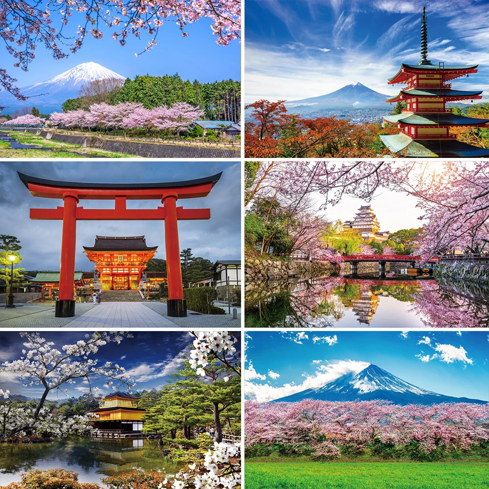 Photo Backdrop Laeacco Mount Fuji Pink Cherry Blossoms Japanese Torii Shrine Natural Scenery