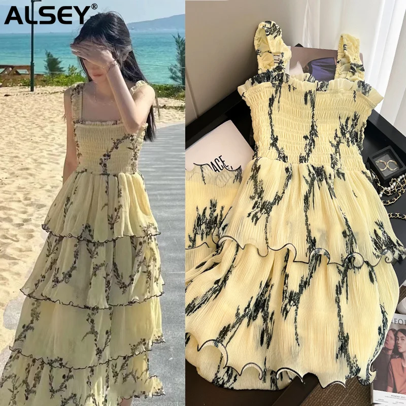

2023 Summer New Pleated Floral Halter Dresses Women's Seaside Resort Casual Beach Unique Aesthetic Yellow Cake Party Long Skirt