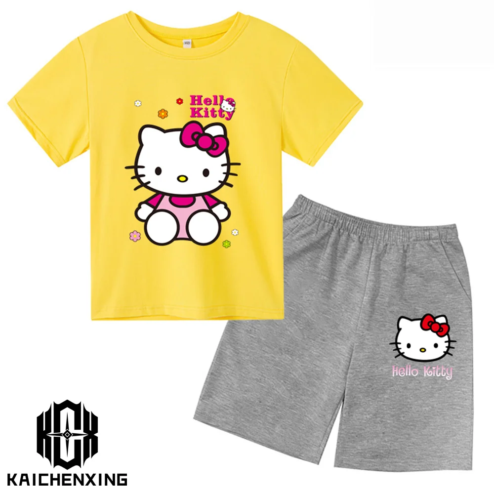 

Детская футболка Hello Kitty, футболки Kuromi для девочек, женские уличные пуловеры с коротким рукавом, комплекты одежды для маленьких мальчиков, повседневные топы Sanrio