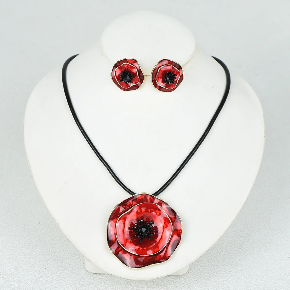 ICEYYExquisiteRedEnamelPoppyFlowerChokerNecklaceEarringsSetForAnniversaryJeweleryRemembranceDaySouvenirPresents-AliExpress