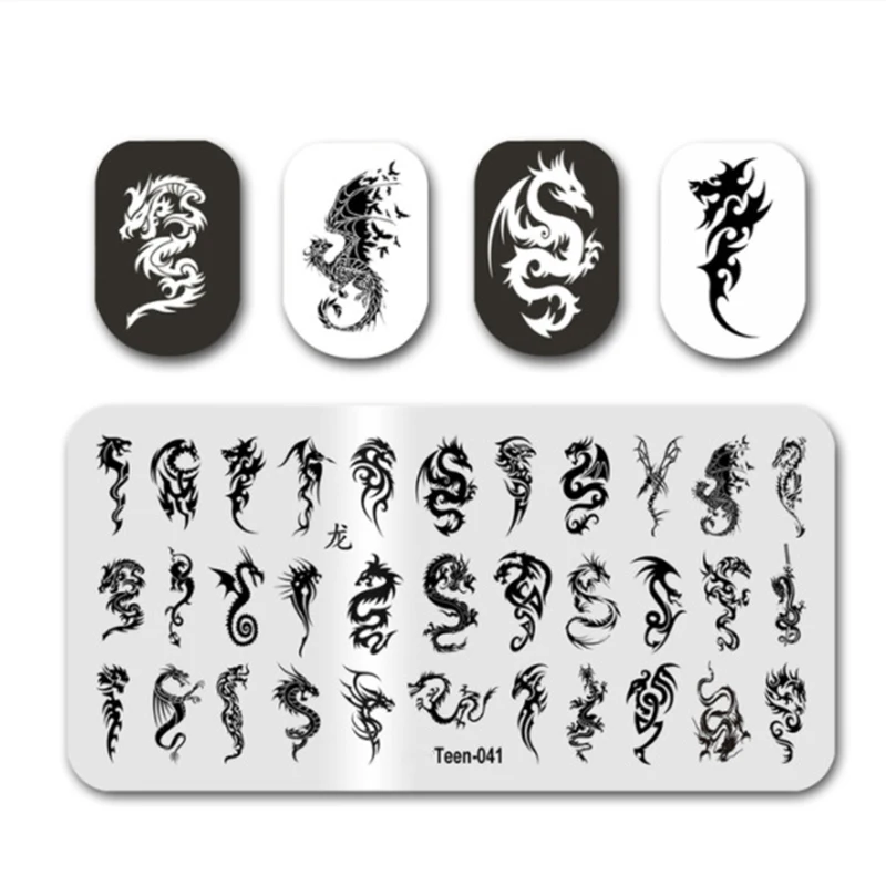 Chinese Dragon Letter Nail Art Stamping Placas, Snake Face Folha, Modelos de Flores, Impressão Stencil, Nail Art Tool, 12x6cm