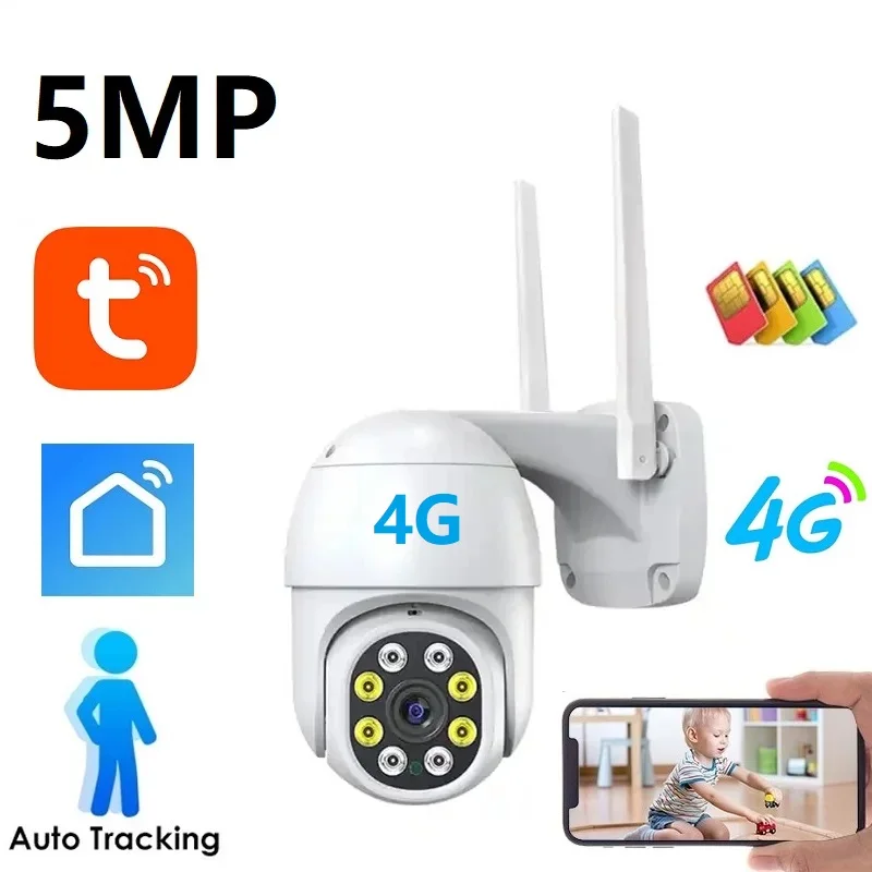 

HD 5MP Tuya Smart Life 4G SIM Card PTZ Camera Human Detection Motion Tracking IP66 Waterproof Two Way Audio Color Night Vision