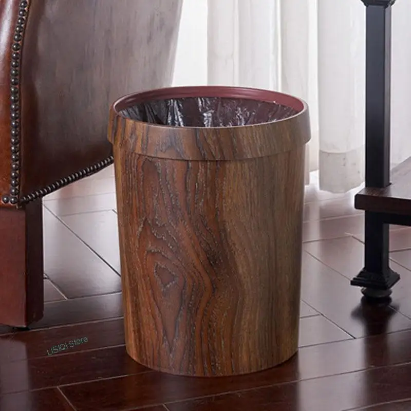 2022 1PC Retro Wood Grain Trash Can Waste Paper Basket Household Living Room Kitchen Toilet Plastic Trash Storage Bin