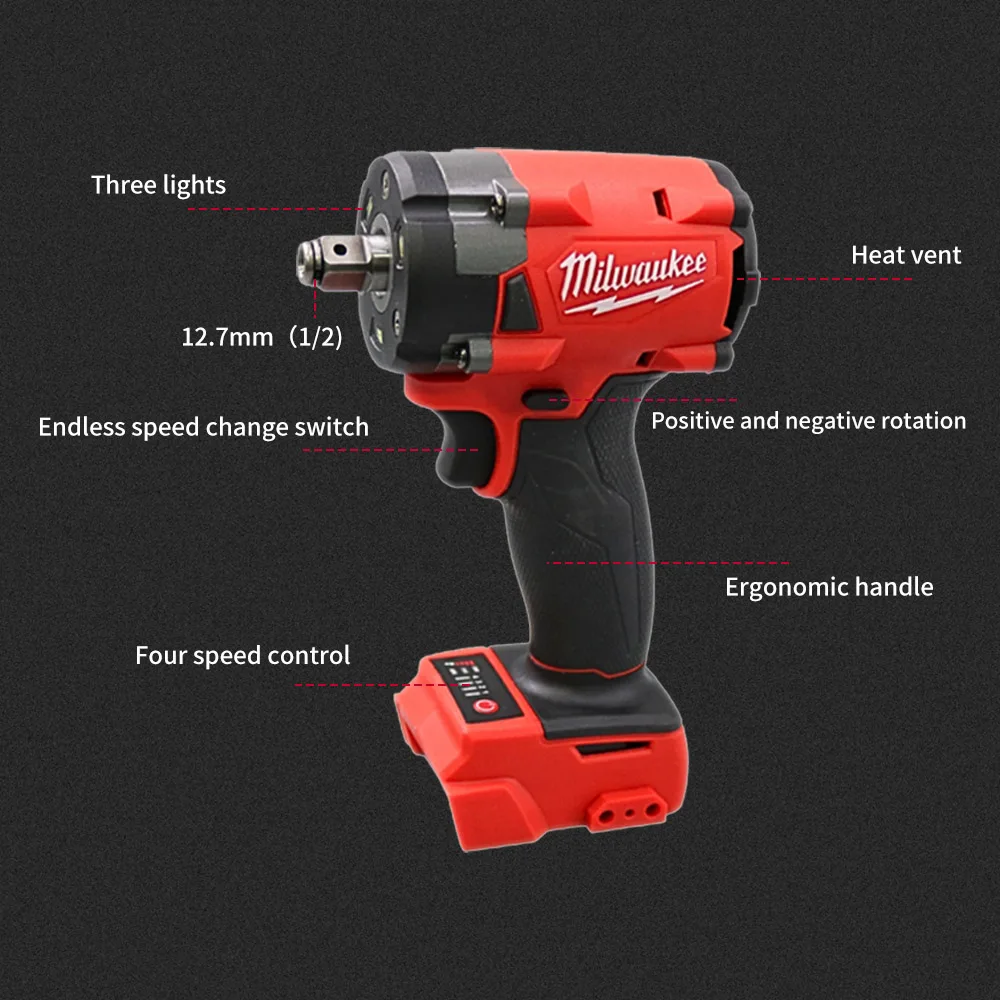 Milwaukee Brushless Cordless Impact Electric Wrench 1/2 Car Repair 3-stage Speed Adjustable Screwdriver 18v Battery Power Tool 3