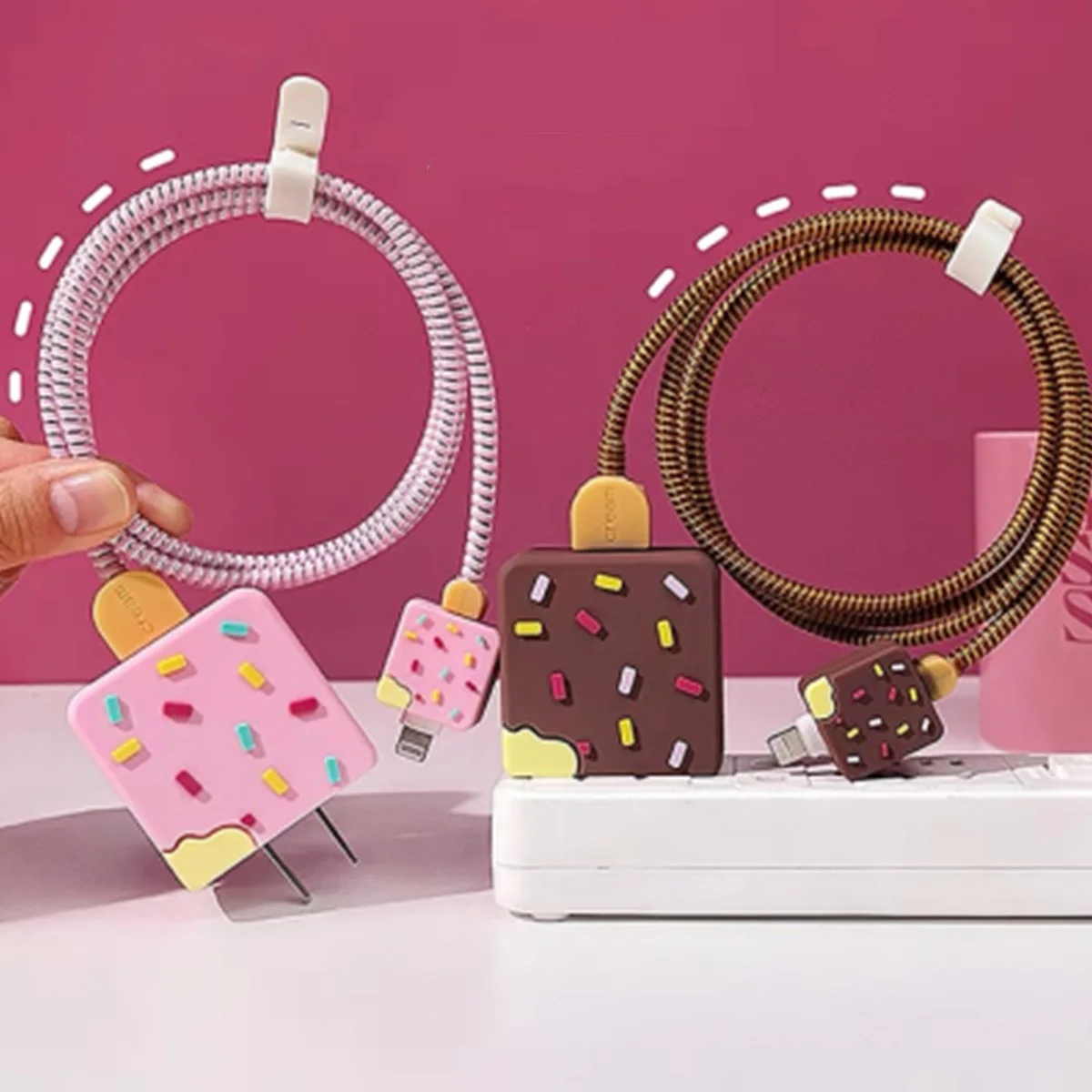 Cable Protector Cover Cute 3D Ice Cream USB Cable Data Line Protector Cover For iPhone 18/20W Fast Charging Case Cartoon Winder Organizer