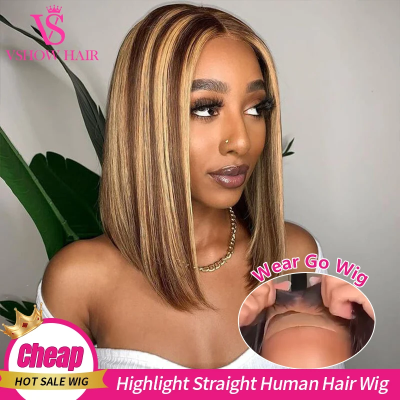 

Wear And Go Glueless Short Bob Wig For Women Highlight Glueless Staright Preplucked 4x6 HD Lace Closure Ready To Go