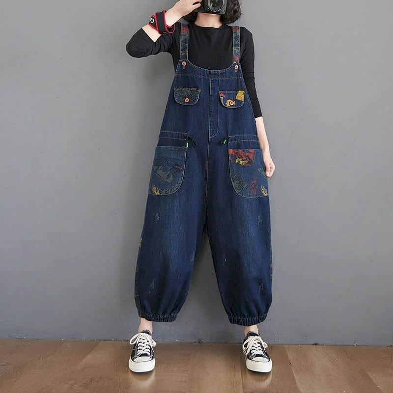 

Denim Jumpsuits for Women Printing Korean Style Overalls One Piece Outfit Women Rompers Casual Vintage Playsuits Straight Pants