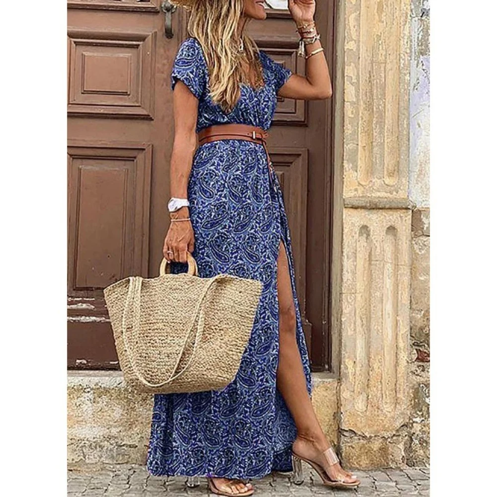 Women Sexy Casual Elegant Holiday Dress Summer Trend V-Neck High Slit Irregular Midi Dress Retro Vintage Print Slim With Belt
