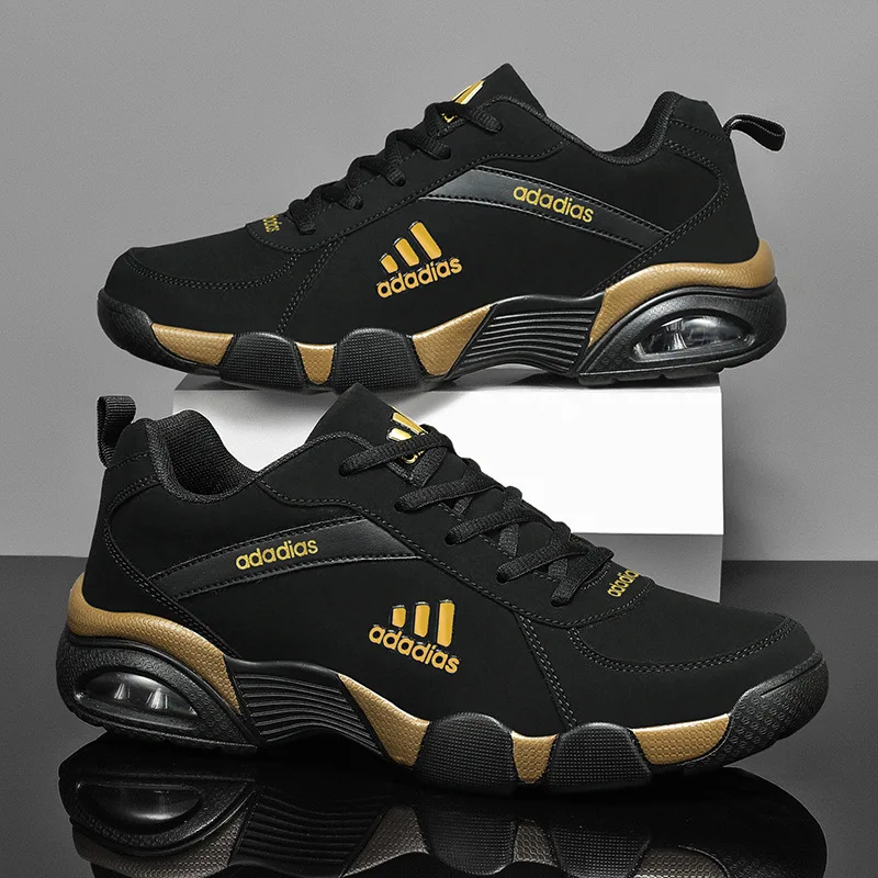 Trendy Men's Running Shoes Casual Sporty Black Cowhide Leather Upgraded PU Sole Comfortable All-Season Low Top Lace-Up Sneakers 1