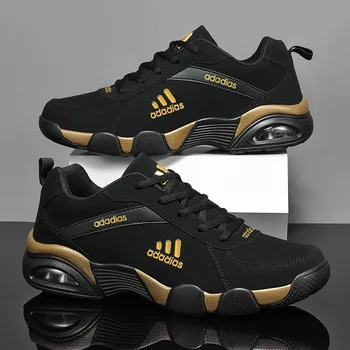 Trendy Men's Running Shoes Casual Sporty Black Cowhide Leather Upgraded PU Sole Comfortable All-Season Low Top Lace-Up Sneakers 1