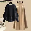 2025 Spring/Autumn New Korean Elegant Splice Fake Two Piece Knitted Sweater Dress Matching Set Women's Chic Pullover Skirt Set 5